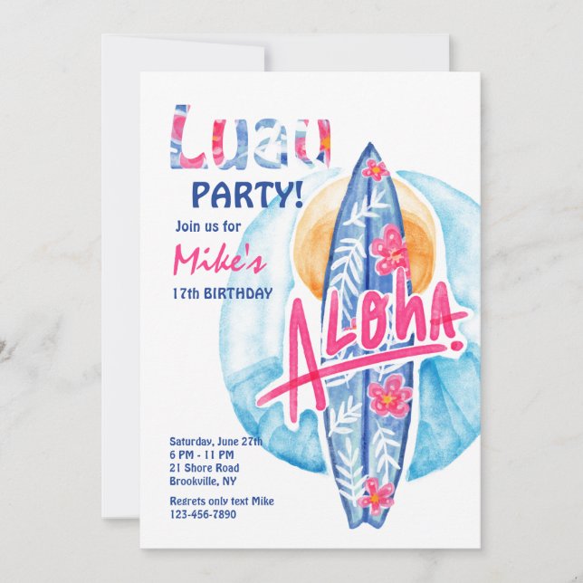 Invitación de tabla de surf Aloha (Anverso)