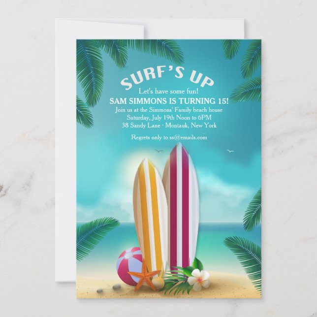 Invitación de tablas de surf para fiesta en la pla (Anverso)