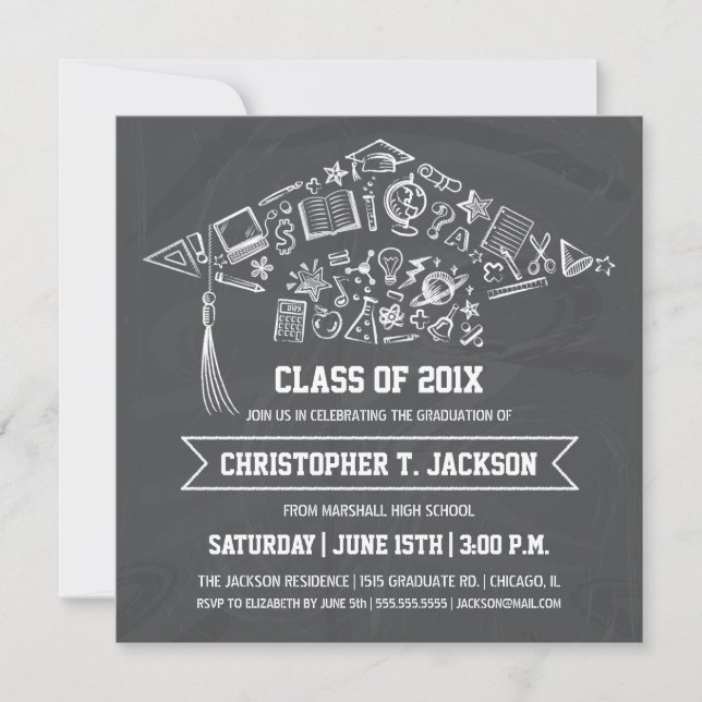 Invitación de tapón de graduación de Chalkboard co (Anverso)