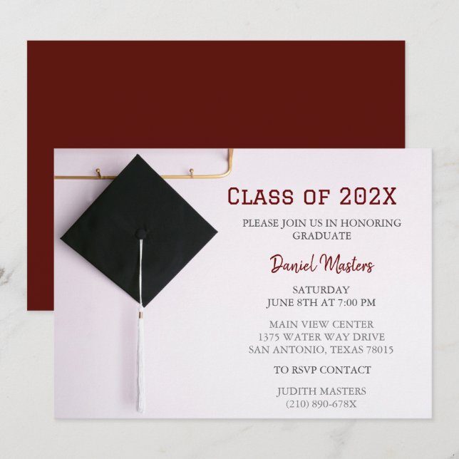 Invitación de tapón rojo oscuro/negro de graduació (Anverso / Reverso)