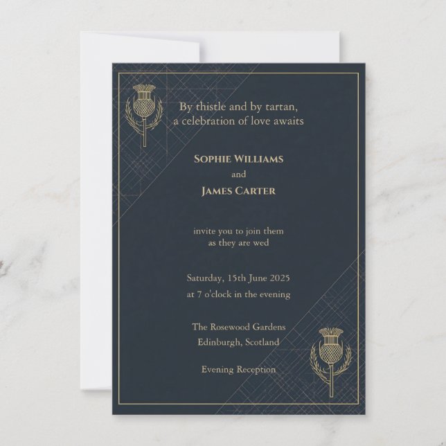 Invitación de Tarde de Navy Dorado de Tartán de Ca (Anverso)
