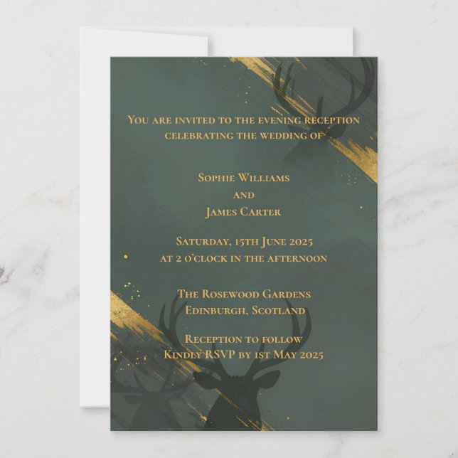 Invitación de Tarde de Oro y Verde Botella Oscuro (Anverso)
