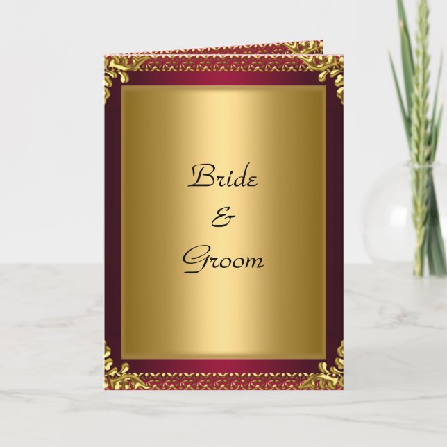 Invitación de tarjeta de boda dorada roja (Anverso)