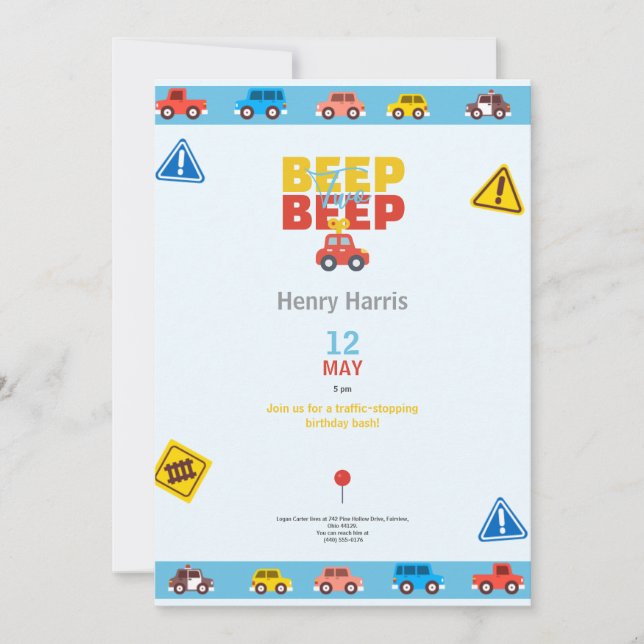 invitación de tarjeta de cumpleaños de beep car ca (Anverso)