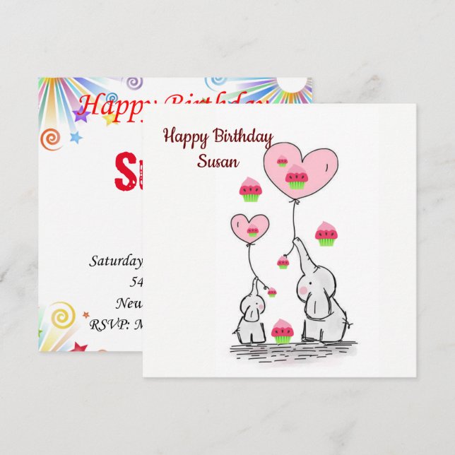 Invitación de Tarjeta de Cumpleaños Elefante (Anverso / Reverso)