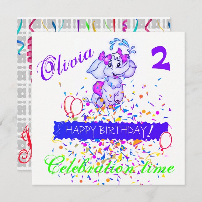 Invitación de Tarjeta de Cumpleaños Elefante (Anverso / Reverso)