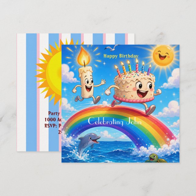 Invitación de tarjeta de cumpleaños feliz pastel a (Anverso / Reverso)