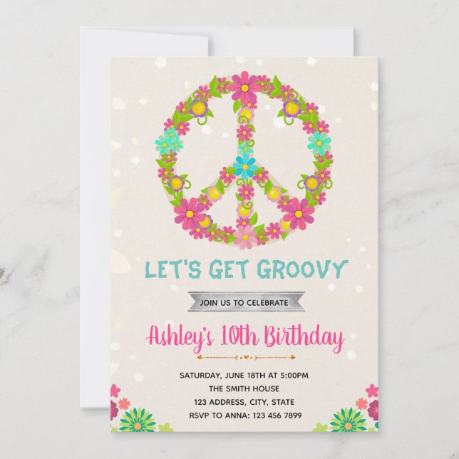 Invitación de tarjeta de cumpleaños hippie (Anverso)