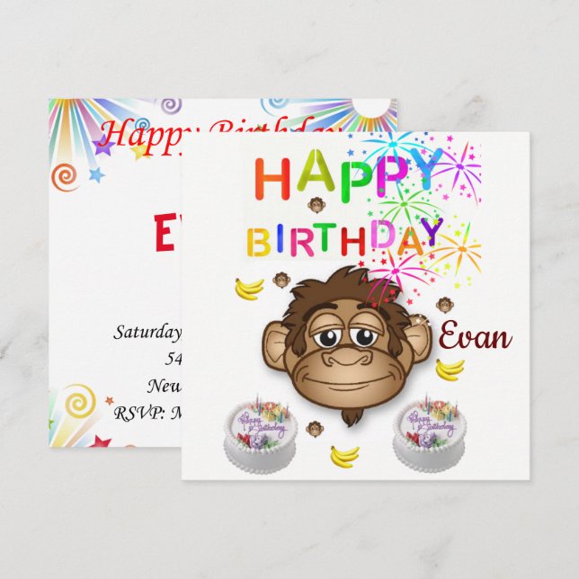 Invitación de Tarjeta de Cumpleaños Mono (Anverso / Reverso)
