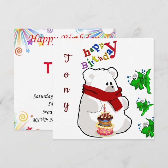 Invitación de Tarjeta de Cumpleaños Oso Polar (Anverso / Reverso)