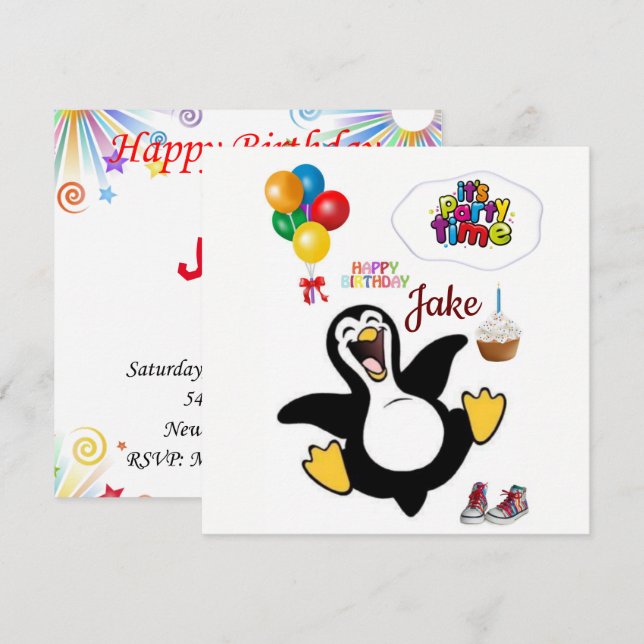Invitación de Tarjeta de Cumpleaños Pingüino (Anverso / Reverso)