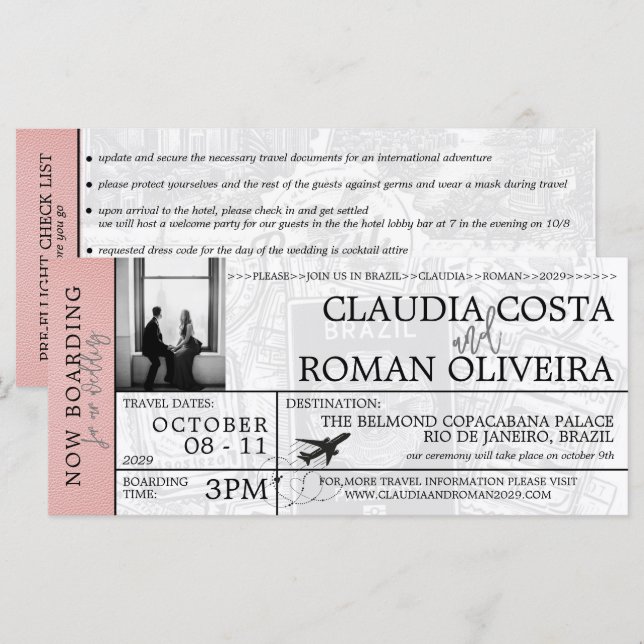 Invitación de tarjeta de embarque de boda Brasil R (Anverso / Reverso)