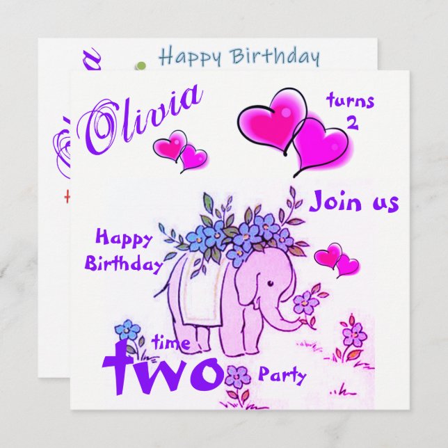 Invitación de Tarjeta de Feliz Cumpleaños Elefante (Anverso / Reverso)