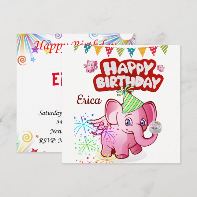 Invitación de Tarjeta de Feliz Cumpleaños Elefante (Anverso / Reverso)