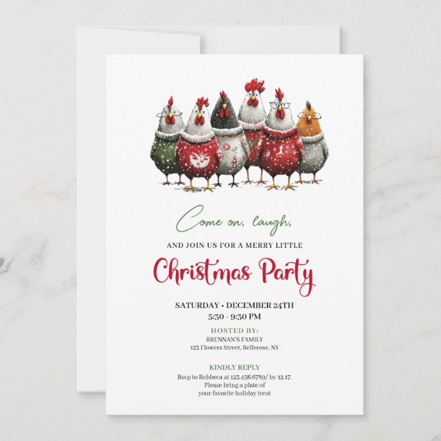 Invitación de Tarjeta de Navidad de Pollos Quirky  (Anverso)
