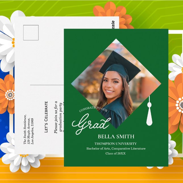Invitación de Tarjeta Postal de Fiesta de Graduaci (Elegant Cap Topper Photo Grad Party Invitation Postcard )