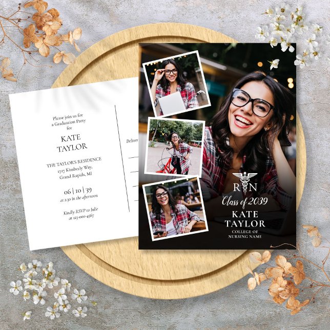 Invitación de Tarjeta Postal para Fiesta de Gradua (4 Photo RN Nursing Graduation Party Invitation Postcard)