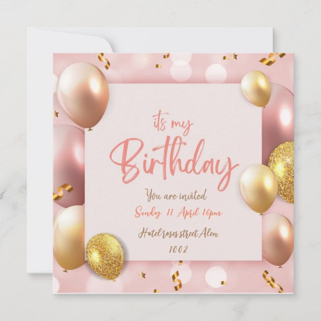 Invitación de tarjeta rosa para cumpleaños (Anverso)