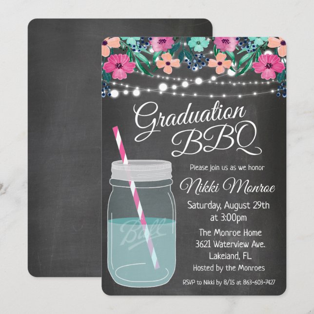 Invitación de tarro de Mason para barbacoa de grad (Anverso / Reverso)
