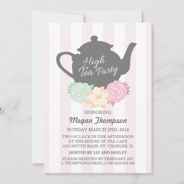 Invitación de té alto con franja rosa y tetera (Anverso)