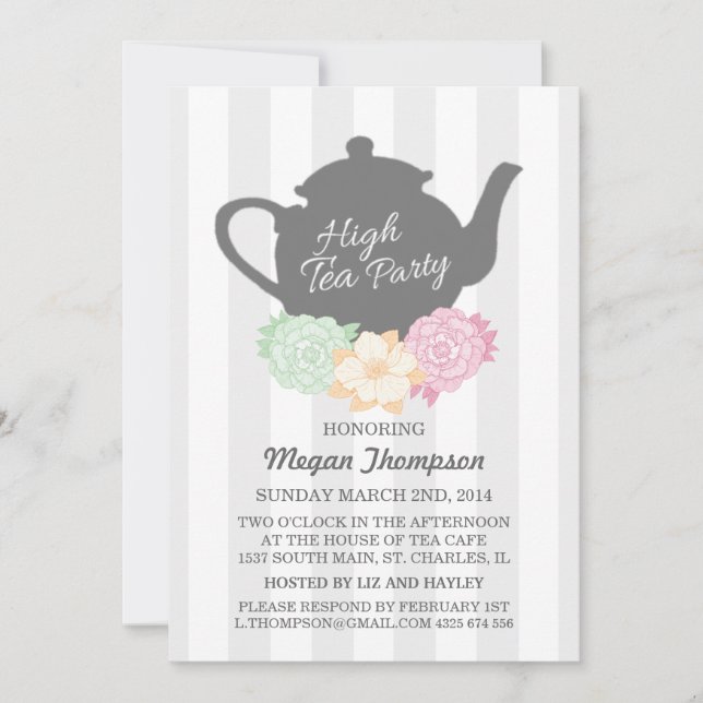 Invitación de té alto de raya gris y tetera (Anverso)