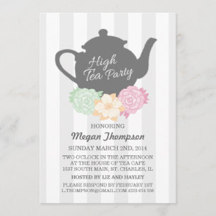 Invitación de té alto de raya gris y tetera
