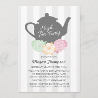 Invitación de té alto de raya gris y tetera