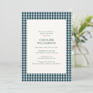 Invitación de té de bebé de cuadros de gingham azu