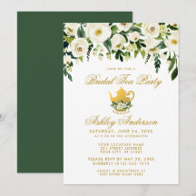 Invitación de té de boda Floral Verde Dorado G