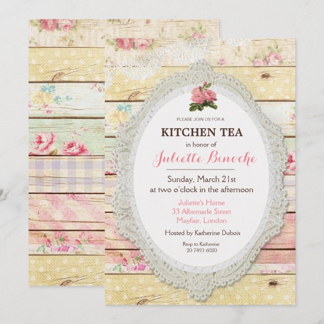 Invitación de té de cocina de madera floral shabby (Anverso / Reverso)