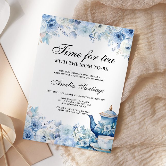 Invitación de té floral azul con mamá para el baby (Subido por el creador)