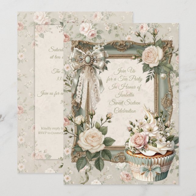 Invitación de té floral First Bloom para Sweet 16 (Anverso / Reverso)
