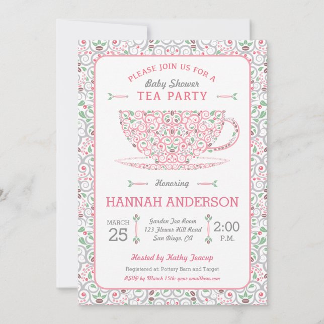 Invitación de té rosa para baby shower de Lacy Tea (Anverso)