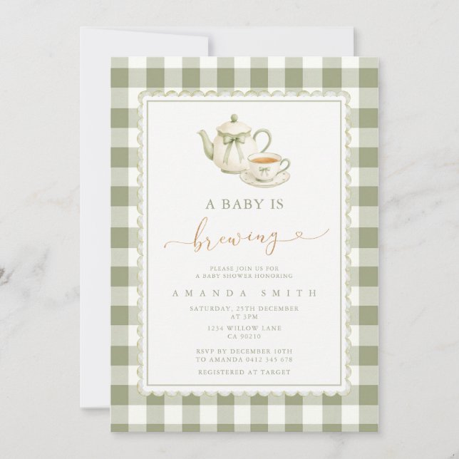 Invitación de té verde salvia para baby shower (Anverso)