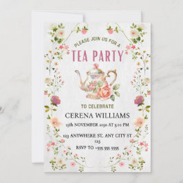 Invitación de Tea Party vintage con marco floral