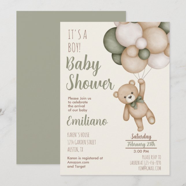 Invitación de Teddy Bear Baby Shower Boy (Anverso / Reverso)
