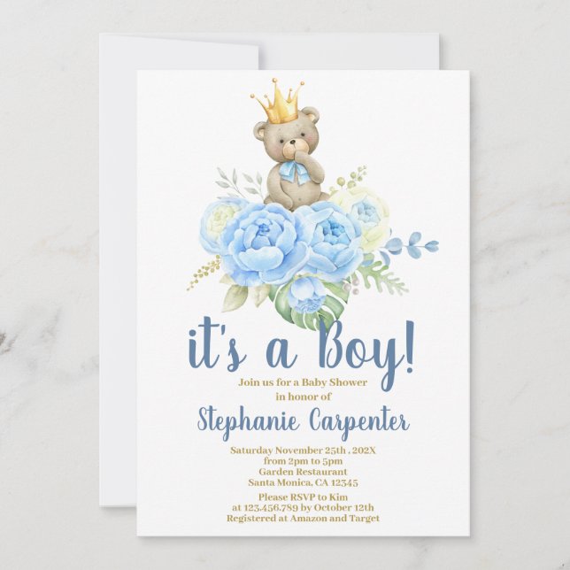 Invitación de Teddy Bear Baby Shower Boy (Anverso)