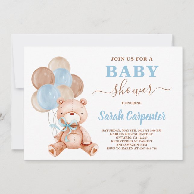 Invitación de Teddy Bear Baby Shower Boy (Anverso)