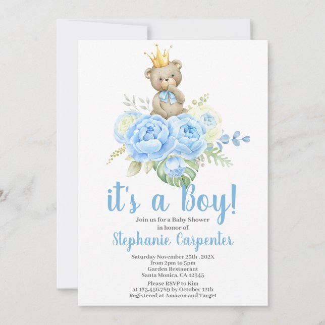 Invitación de Teddy Bear Baby Shower Boy (Anverso)