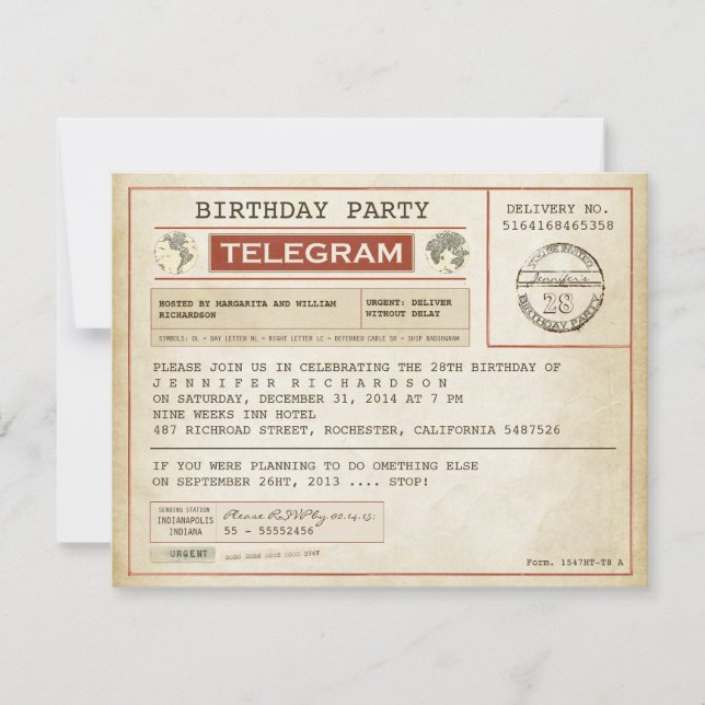 invitación de telegrama de cumpleaños vintage (Anverso)