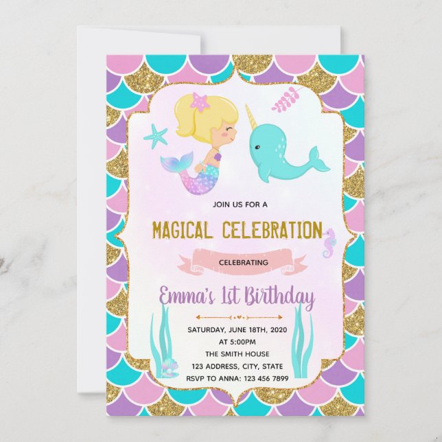 Invitación de tema cute mermaid narwhal (Anverso)