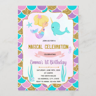 Invitación de tema cute mermaid narwhal