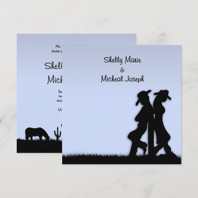 Invitación de tema de boda occidental azul (Anverso / Reverso)
