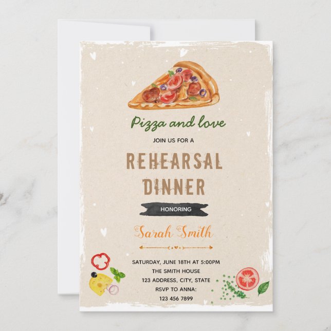 invitación de tema de cena de ensayo de pizza (Anverso)