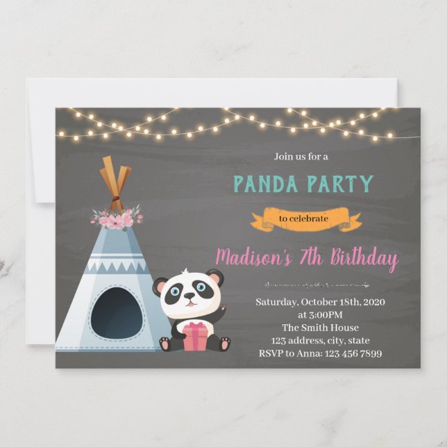 Invitación de tema de cumpleaños de tipi de panda (Anverso)