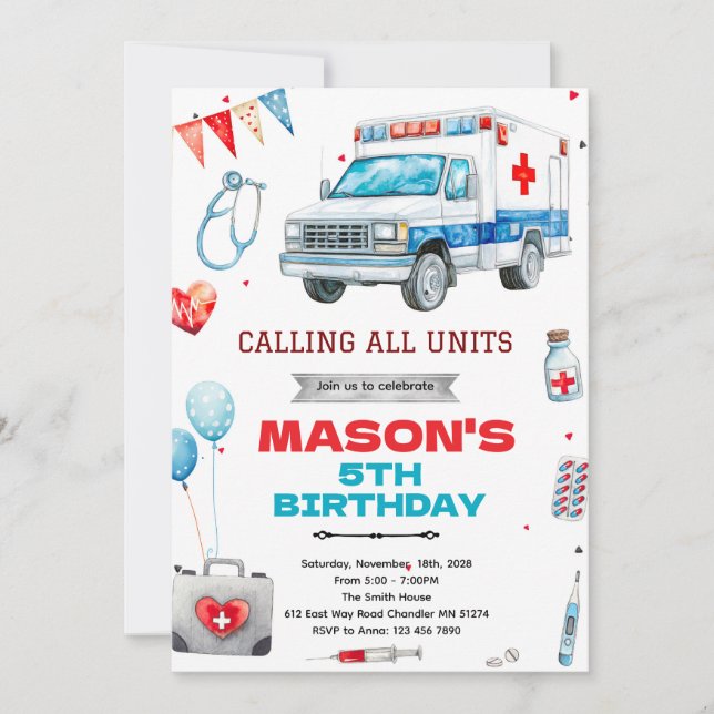 invitación de tema de fiesta de ambulancia (Anverso)