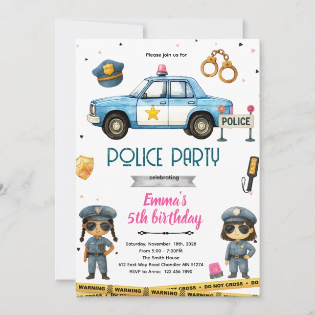 invitación de tema de fiesta de chica policía (Anverso)