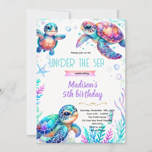 invitación de tema de fiesta de chica tortuga (Anverso)