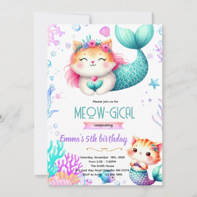 invitación de tema de fiesta de gato sirena (Anverso)