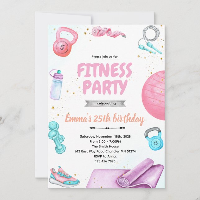 invitación de tema de fiesta de gimnasia de fitnes (Anverso)
